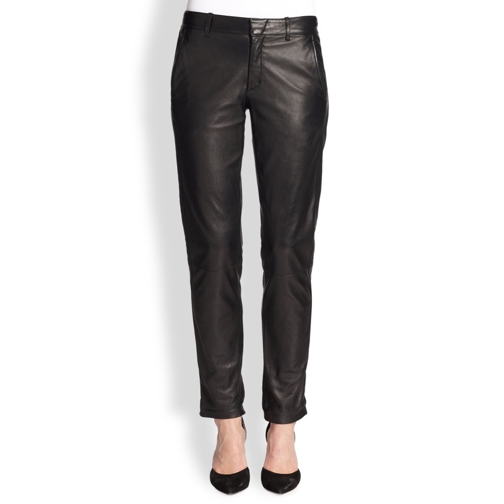 Vince Black Lamb Leather Straight Leg Trouser Pants
